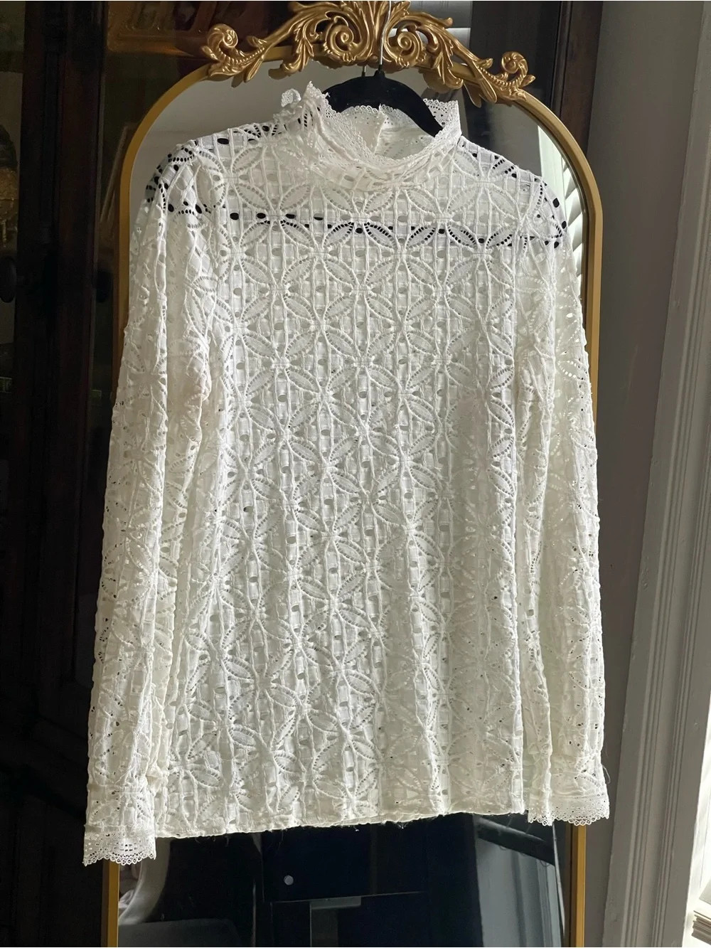Free People Intimately White Lace Sheer High-Neck Long Sleeve Top